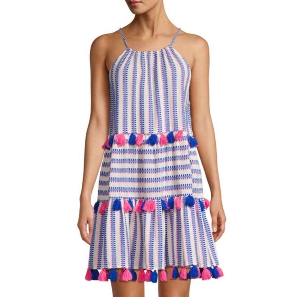 Tessora Womens Sydni Tasseled Embellished Dress Small Blue Pink Resort Wear